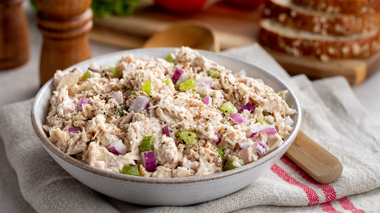 Homemade tuna salad in white bowl