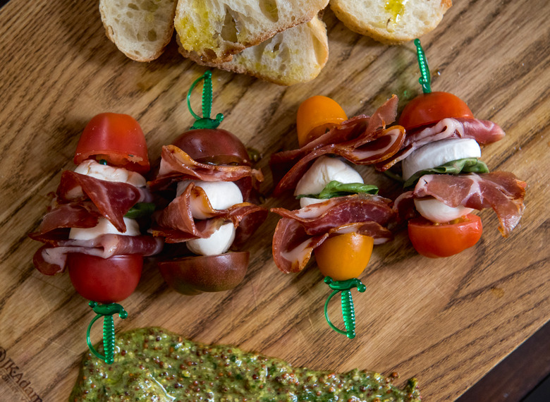 Hot Coppa Caprese Skewers With Pesto Mustard