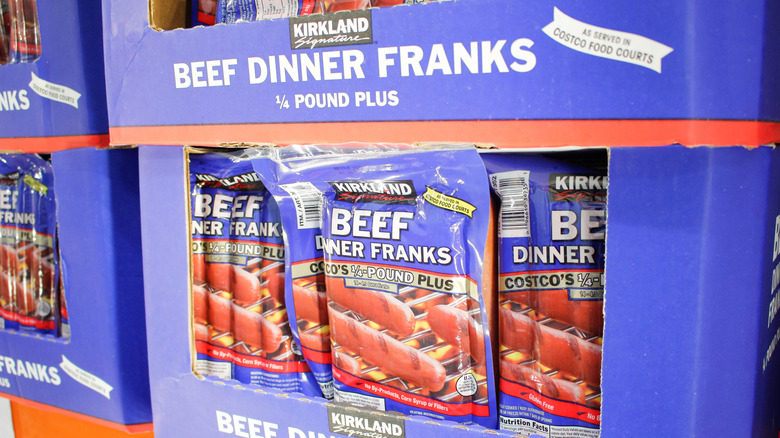 Kirkland Signature Beef Dinner Franks on display in a Costco aisle