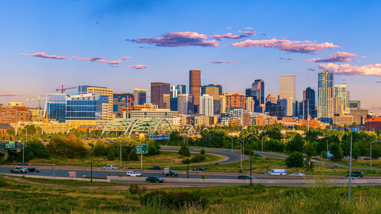 The Denver skyline at either sun up or sun down.