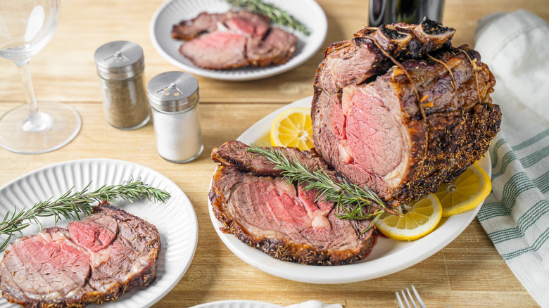 A sliced prime rib roast