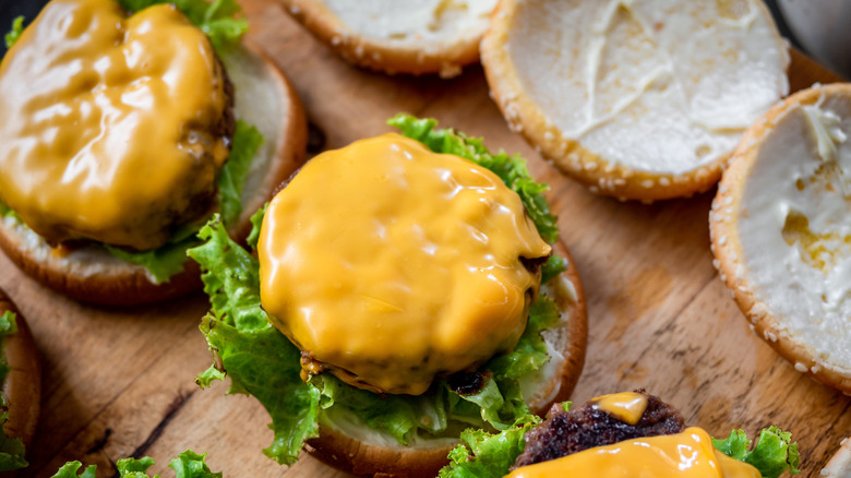 Melted cheese on homemade burger patties