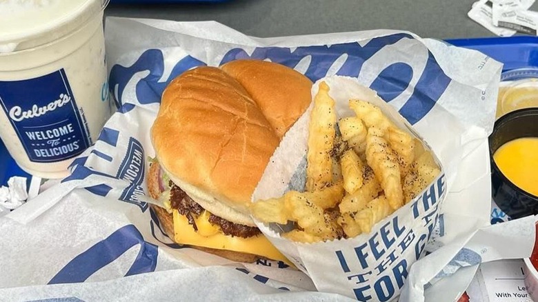 Culver's burger, fries, and shake.