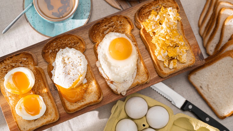 breakfast toast with different types of eggs