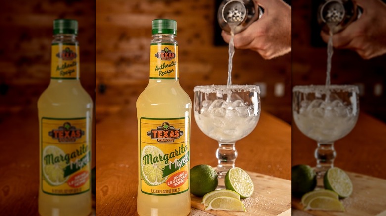 Bottle of Texas Roadhouse Margarita Mixer beside prepared drink and ingredients poured into glass