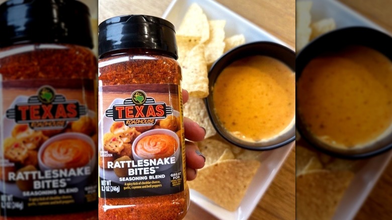 Bottle of Texas Roadhouse Rattlesnake Bites seasoning blend held above chips and dip