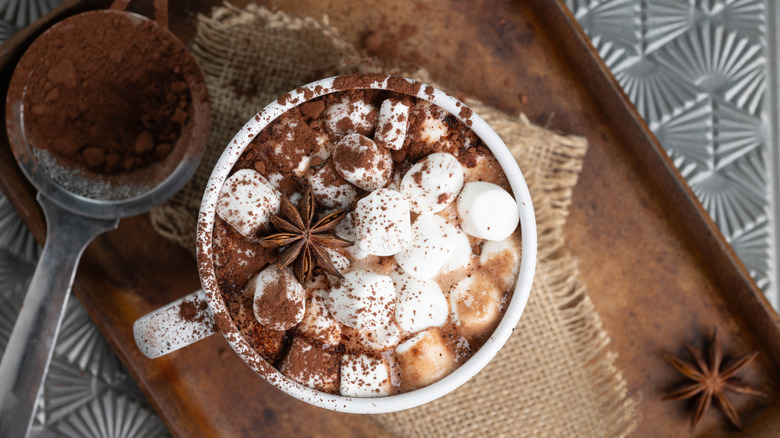 A mug of hot chocolate with marshmallows, coffee powder, and star anise