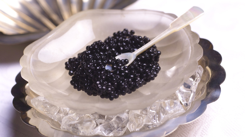 caviar in glass dish on ice with serving spoon