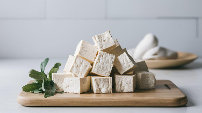Cubes of firm tofu stacked on a wooden cutting board with fresh herbs