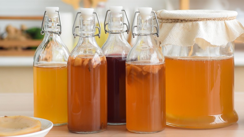 array of kombucha bottles next to jar