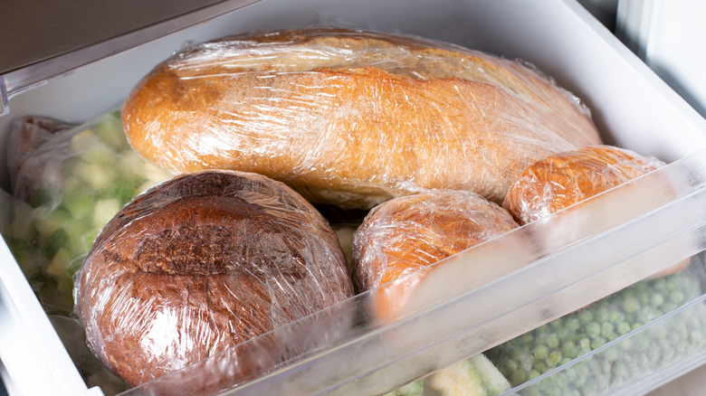 Frozen bread wrapped in plastic wrap