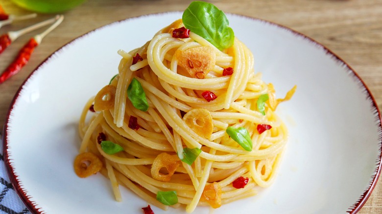 pasta aglio e olio on plate