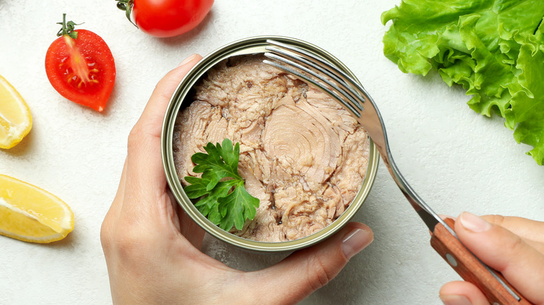 person digging into open can of tuna with fork