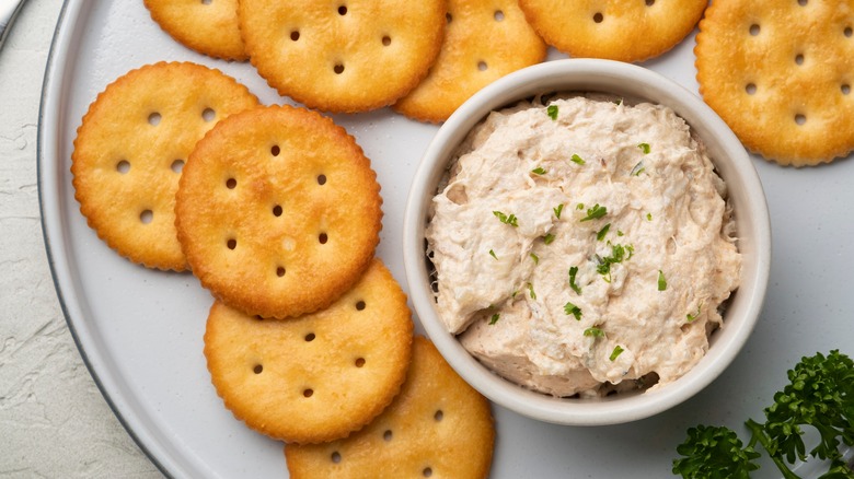creamy canned tuna dip displayed alongside crackers 