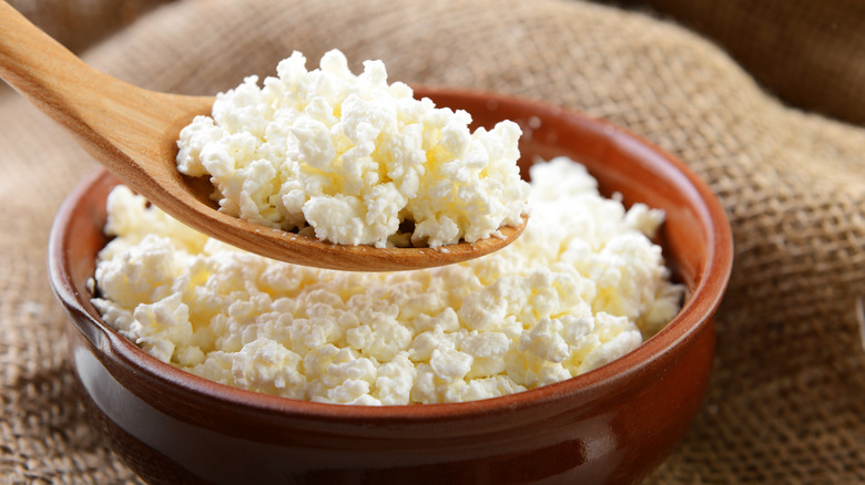 cottage cheese in a brown bowl