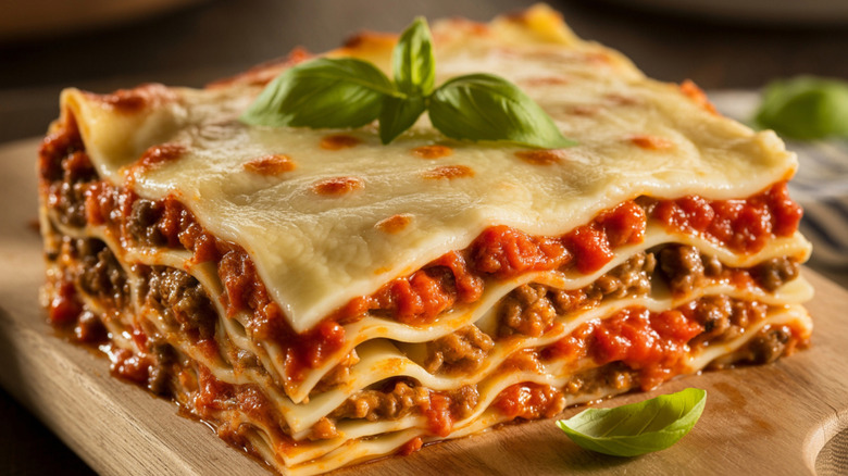 Lasagna slice with a basil garnish