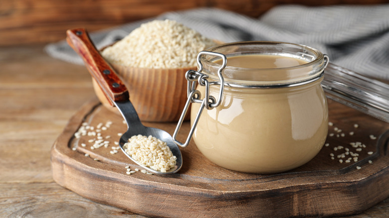 Open jar of tahini