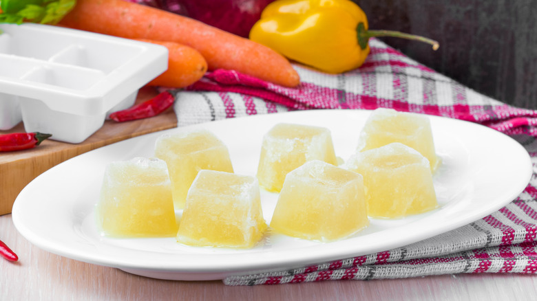 Cubes of frozen chicken broth
