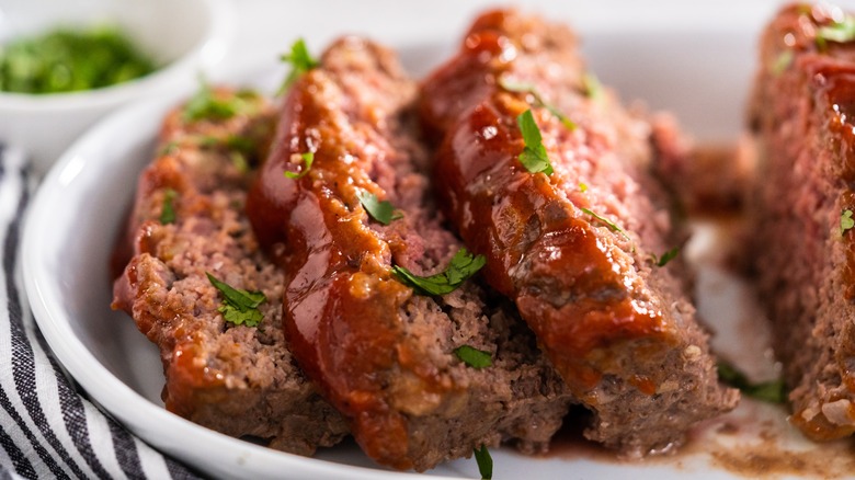 Sliced meatloaf in bowl