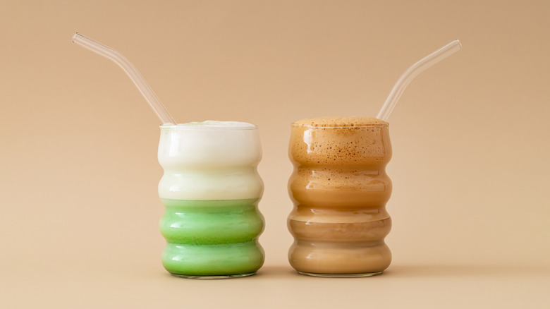 Matcha latte and a coffee