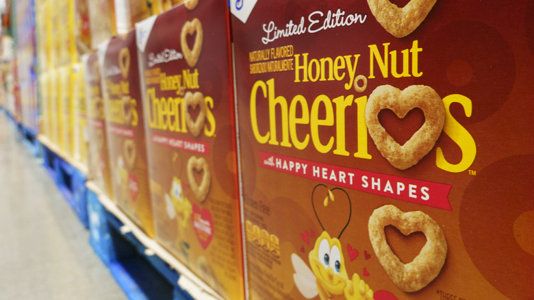 Boxes of Honey Nut Cheerios on display at a Costco