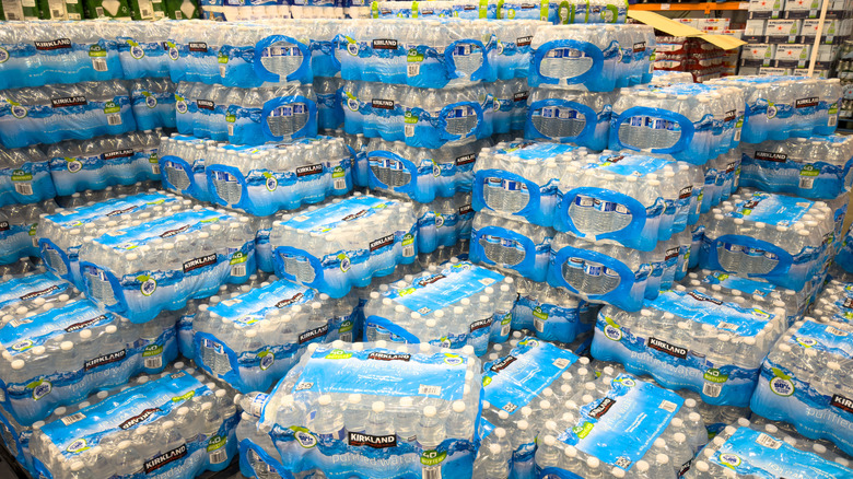Stacked cases of Kirkland Signature bottled water