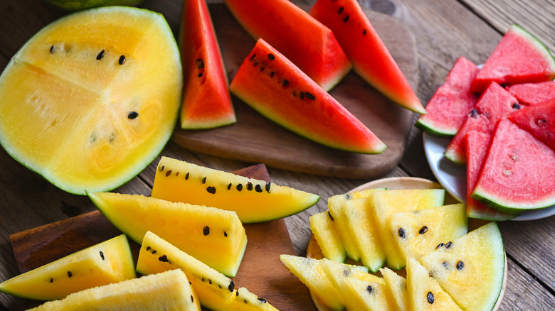 Slices of red and yellow watermelon.
