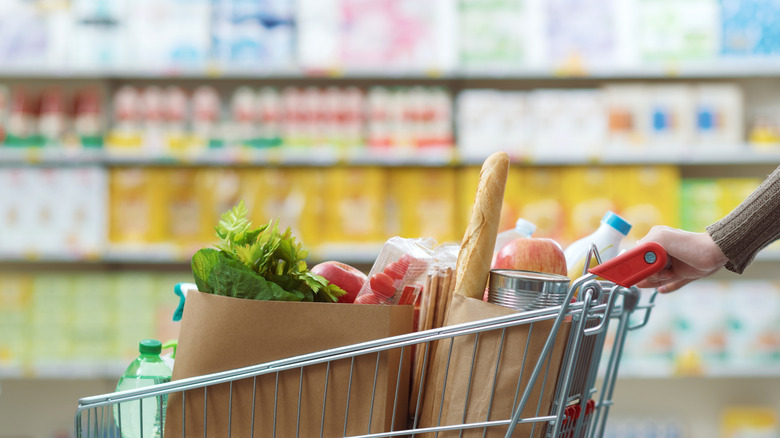 A person pushing a full shopping cart at the grocery store
