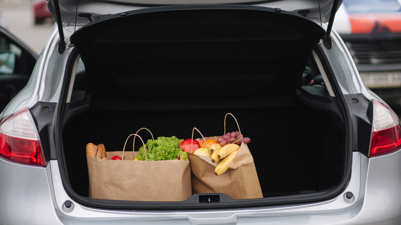 Two paper grocery bags filled with food sit in the open trunk of a car