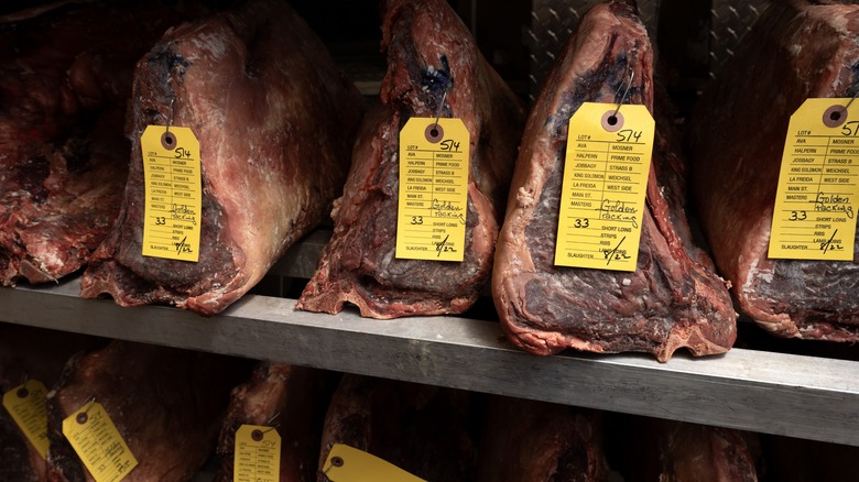 Steaks in dry aging room