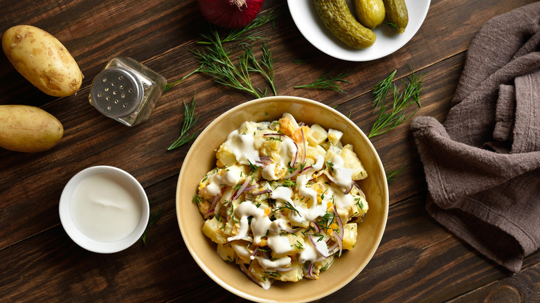 Potato salad with pickles and mayo.