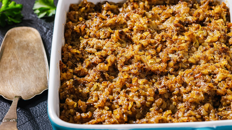 Rice and ground beef casserole in a dish.