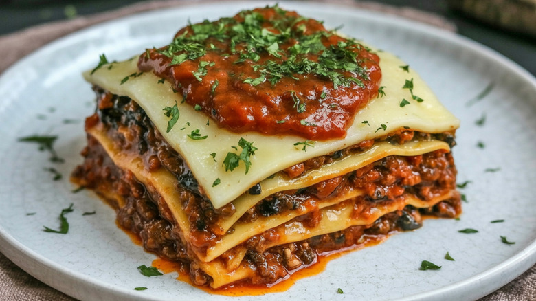 A slice of lasagna on a plate with herb garnish