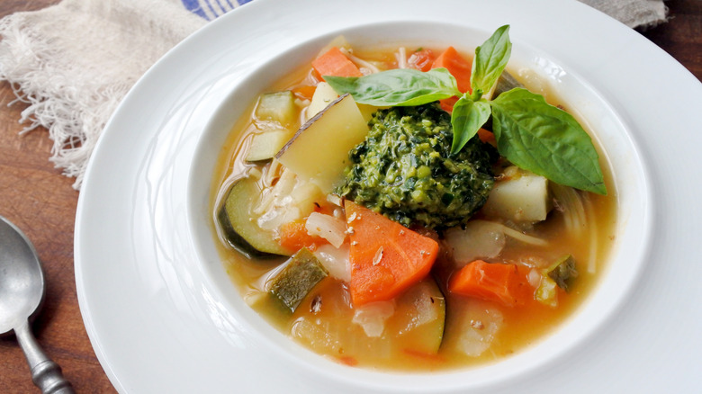 Soupe au pistou, a vegetable soup with pistou added.