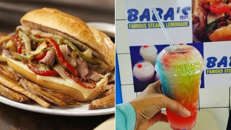 Steak sandwich with fries and lemonade at Baba's