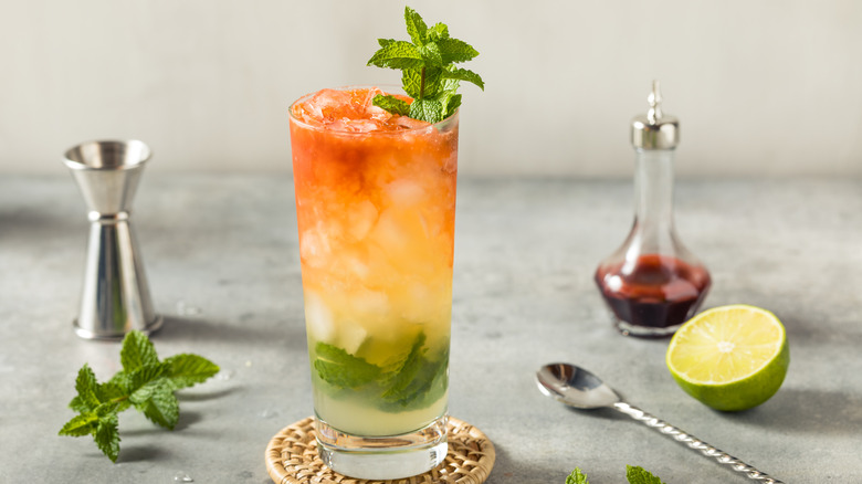 layered cocktail with mint