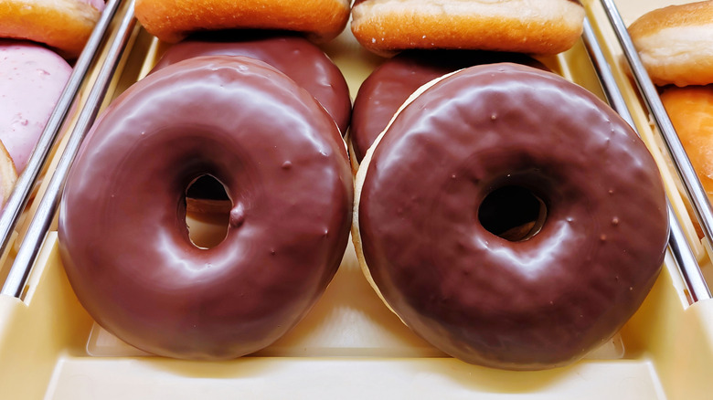 Two donuts sit in the front of two rows