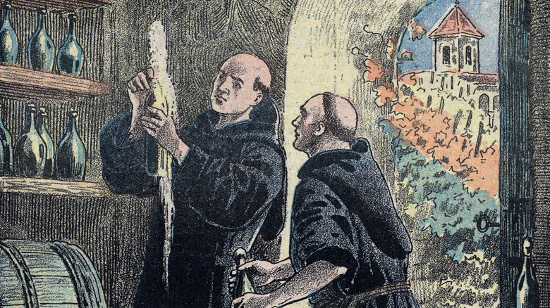 Monks looking at bubbling bottle
