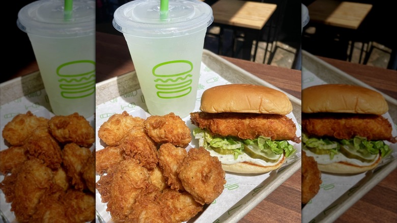 Shake Shack chicken sandwich, nuggets, and drink