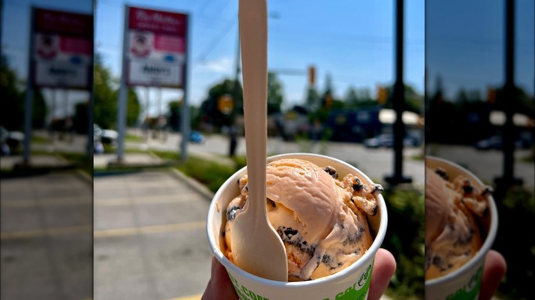 Cup of tiger tail ice cream with wooden spoon