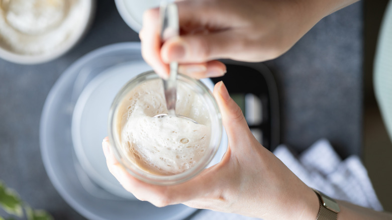 A home baker makes a sourdough starter