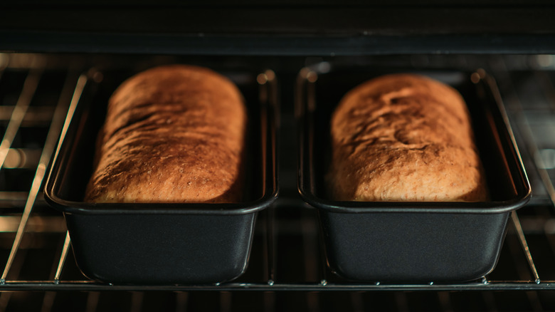 two loaves of bread baking in tins