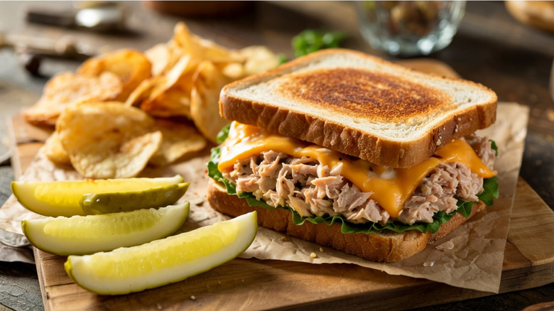 a tuna melt sandwich with a side of pickles and chips