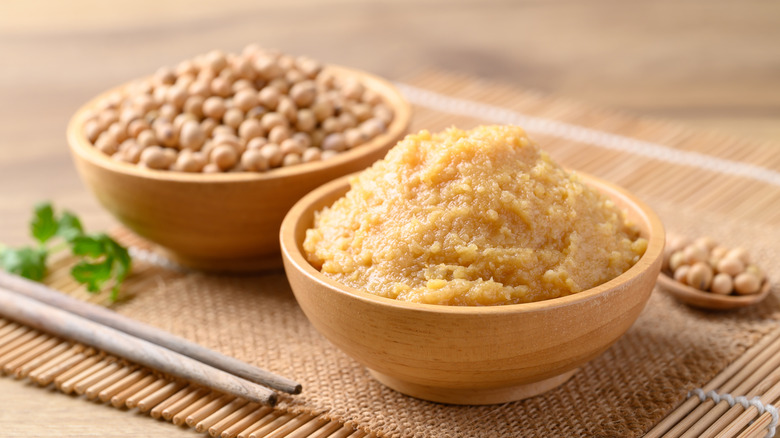 Miso paste in a wooden bowl.