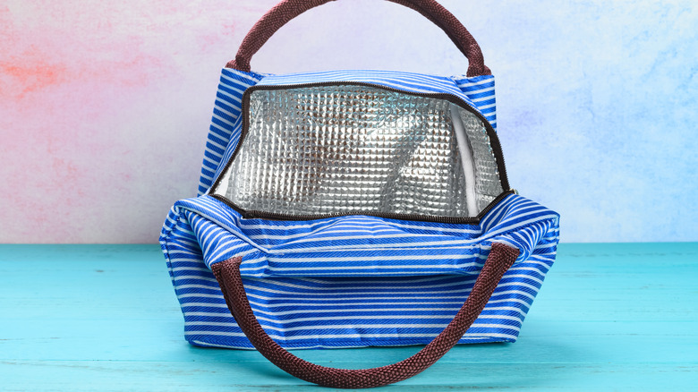 An open insulated striped bag