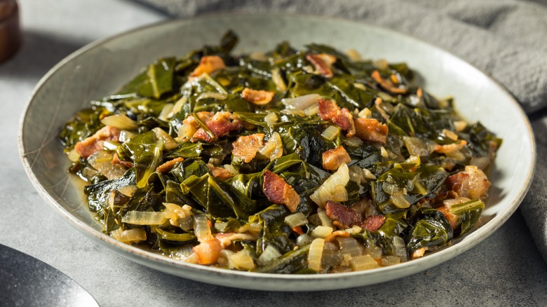 A plate of Southern style collard greens with bacon