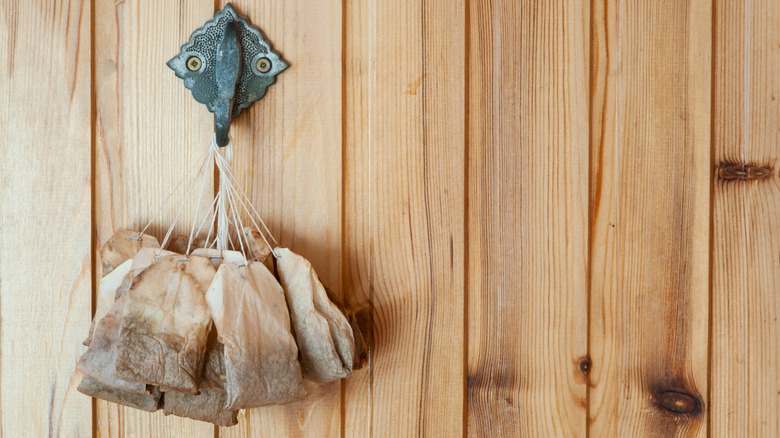 Used tea bags drying on a hook