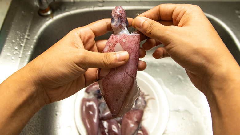 hands cleaning squid over sink