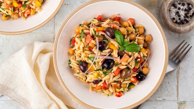 orzo salad in a bowl