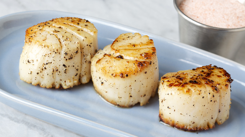 Three cooked scallops with seared edges